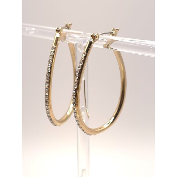 Gold Tone Rhinestone Hoop Earrings Oval Shaped - Picture 5 of 6